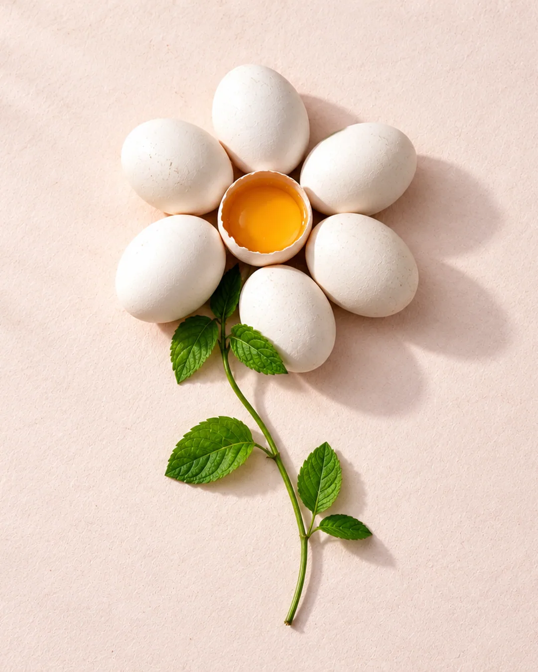 Six white eggs arranged like petals around a yolk in a half shell, with a stem of green mint leaves, like a flower, for Flourish with me