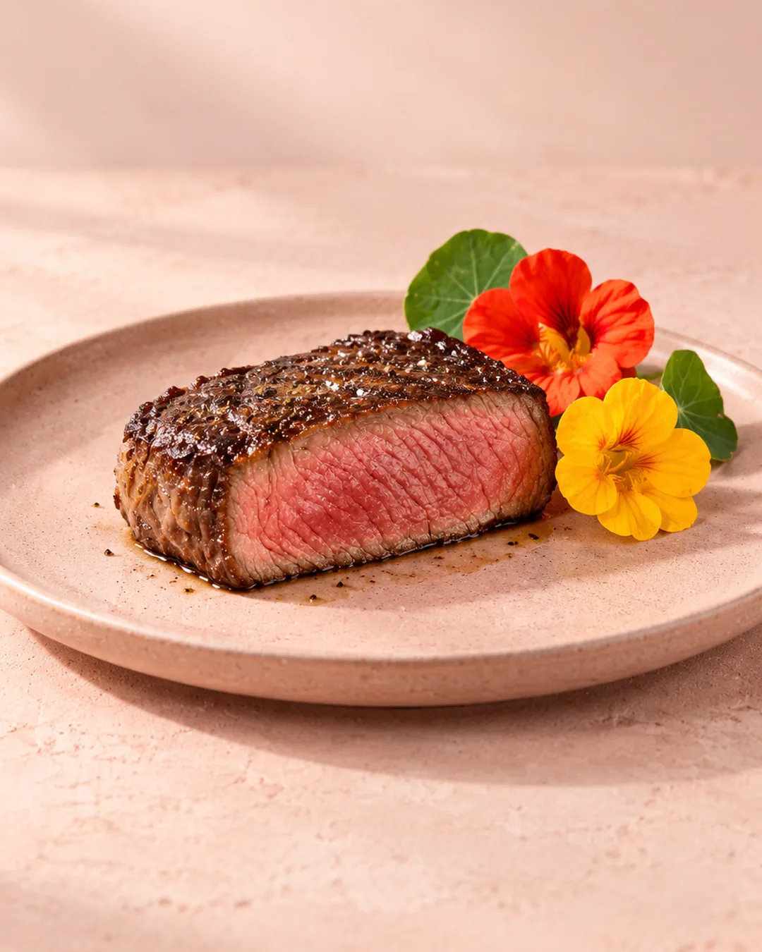Juicy pan-fried piece of beef with a pink centre on a pink plate, with red and yellow nasturtium flowers, symbol for the e-book Nice to meat you